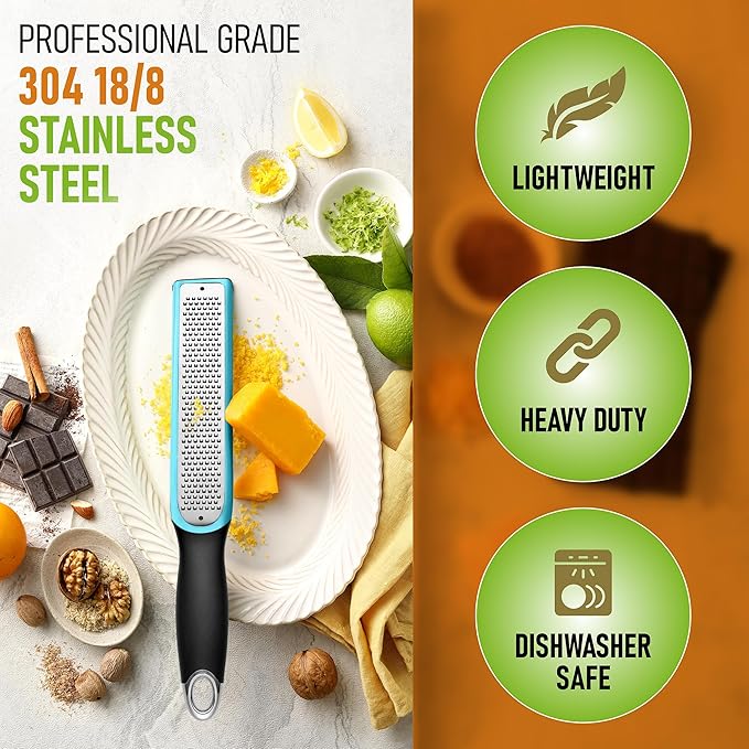 Spring Chef Premium Lemon Zester Grater with Handle - Fruits, Garlic, Chocolate, Ginger Grater - Heavy Duty Kitchen Tool - Stainless Steel Citrus Zester with Blade Cover - Fine Shred - Blue/Black - Image 2