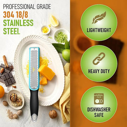 Spring Chef Premium Lemon Zester Grater with Handle - Fruits, Garlic, Chocolate, Ginger Grater - Heavy Duty Kitchen Tool - Stainless Steel Citrus Zester with Blade Cover - Fine Shred - Blue/Black - Image 2