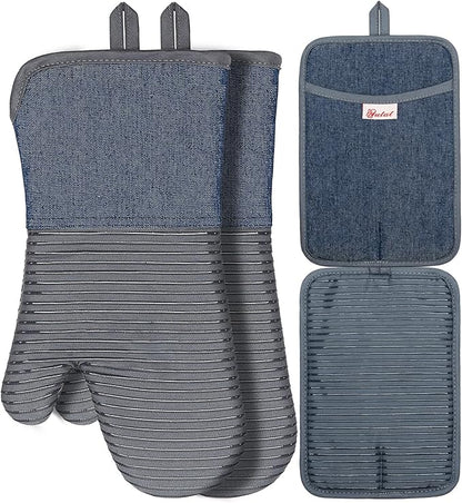 Yutat Oven Mitts, Pot Holders Set of 4 Made with Pure Cotton and Food Grade Non-Slip Silicone - 500 F Heat Resistant Oven Mitts and Pot Holders Sets for Kitchen Cooking (4pcs Set, Grey and Denim) by YUTAT
