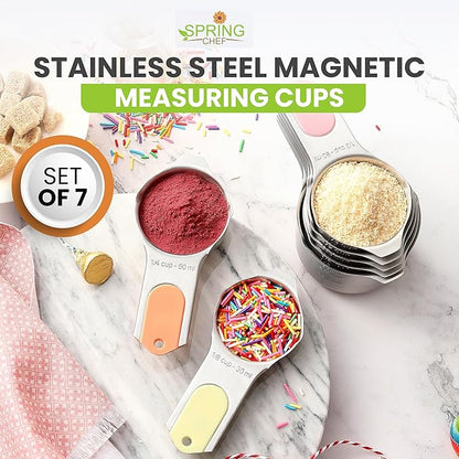 Spring Chef Magnetic Stainless Steel Measuring Cups, Patented, Kitchen Tools with Easy to Read Markings for Measuring Dry or Liquid Ingredients, Set of 7, Pastel - Image 2