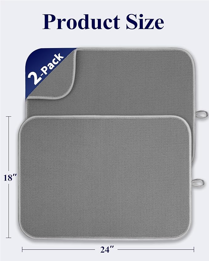 Kitsure Dish Drying Mat - 2-Pack Washable Microfiber Drying Mat for Kitchen Counter, 3-Layer Ultra Absorbent Pad with a Hanging Hook, 24" x 18", Dark Grey - Image 2