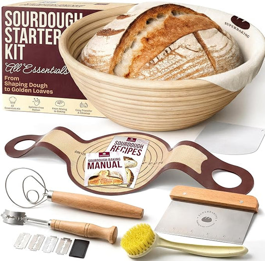 Superbaking Sourdough Starter Kit, 9" Round Banneton Bread Proofing Basket Set, Sourdough Bread Baking Supplies, Sourdough Tools with Silicone Bread Sling, Bread Making Tools, Baking Gifts by Superbaking