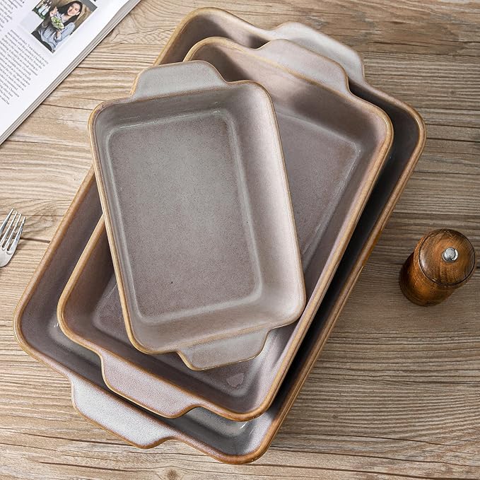 HVH 9x13 Baking Dish Set, Large Casserole Dishes for Oven, Ceramic Bakeware Set of 3, Rectangular Lasagne Pan Deep for Baking (Sand Color) - Image 7