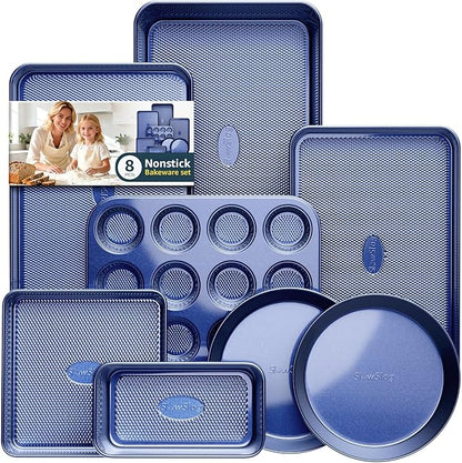 Baking Pans Set 8-Piece Bakeware Sets, Baking Sets for Cooking Nonstick Oven Pan Set, Baking Sheet Set, Cookie Sheets for Baking, Muffin Pan, Ceramic Coated Blue by SlowSLog