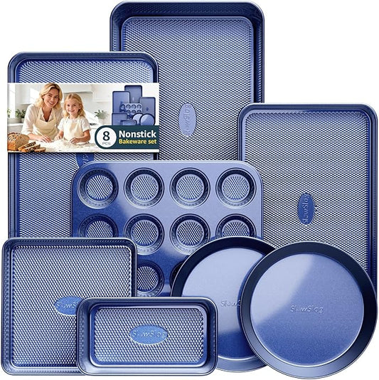 Baking Pans Set 8-Piece Bakeware Sets, Baking Sets for Cooking Nonstick Oven Pan Set, Baking Sheet Set, Cookie Sheets for Baking, Muffin Pan, Ceramic Coated Blue by SlowSLog