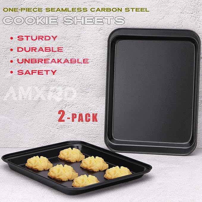 Small Baking Sheets, Nonstick Baking Toaster Oven Tray Cookie Sheet, 1 or 2 Person Household, Set of 2, 9.5" X 7.1" (Inner 8.2" X 6.5")