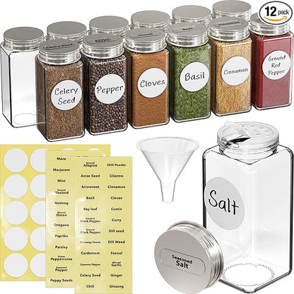 Simple Houseware Spice Jars 4 Ounce Square Glass Bottles with Shaker Lids, Funnel and Labels for Seasoning & Storage, 12 Pack by SimpleHouseware