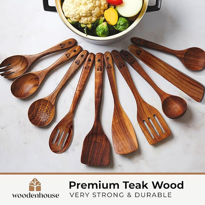 Wooden Spoons for Cooking – Wooden Cooking Utensils Set with Holder, Spoon Rest & Hooks, Teak Wood Nonstick Kitchen Cookware – Durable Set of 12pcs by Woodenhouse - Image 2