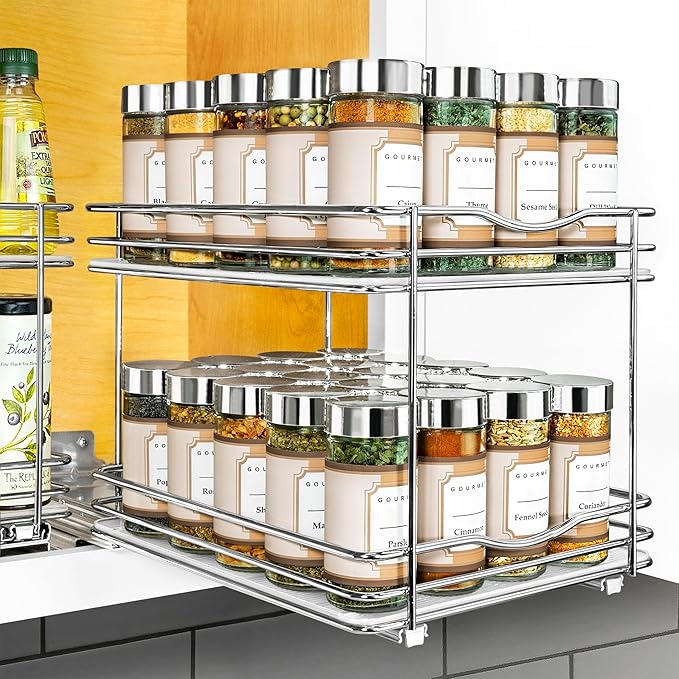 LYNK PROFESSIONAL® Pull Out Spice Organization for Cabinets - 8-3/8 inch Wide – Spice Rack for Inside Cabinets, Slide Out Spice Rack Organizer for cabinet – Pull Out Spice Rack, Sliding 2 Tier Chrome by LYNKPROFESSIONAL