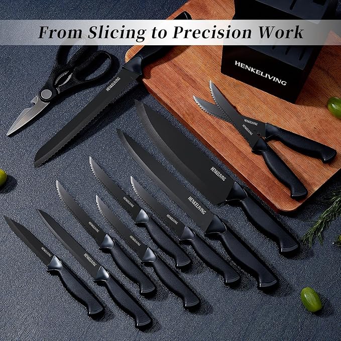 Knife Set, 14-Piece Kitchen Knives Set with Block, Built-in Sharpener, German High Carbon Stainless Steel, Ergonomic Non-Slip Handles, Black - Image 4