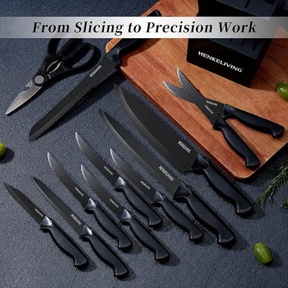 Knife Set, 14-Piece Kitchen Knives Set with Block, Built-in Sharpener, German High Carbon Stainless Steel, Ergonomic Non-Slip Handles, Black - Image 4