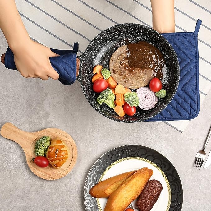 Cotton Pocket Pot Holders Machine Washable Heat Resistant Hot Pads for Kitchen Square Blue Oven Mitts 7"x9" Set of 3 - Image 6