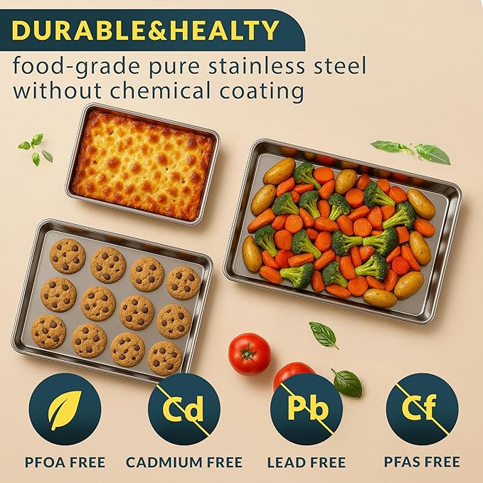 Baker’s Signature Stainless Steel Cookie Sheet Pan, Stainless Steel Baking Sheet Set of 3, Mirror Finish, Non-Stick, Rust Resistant, BPA Free, Dishwasher Safe, 9/12/16 Inch - Image 6