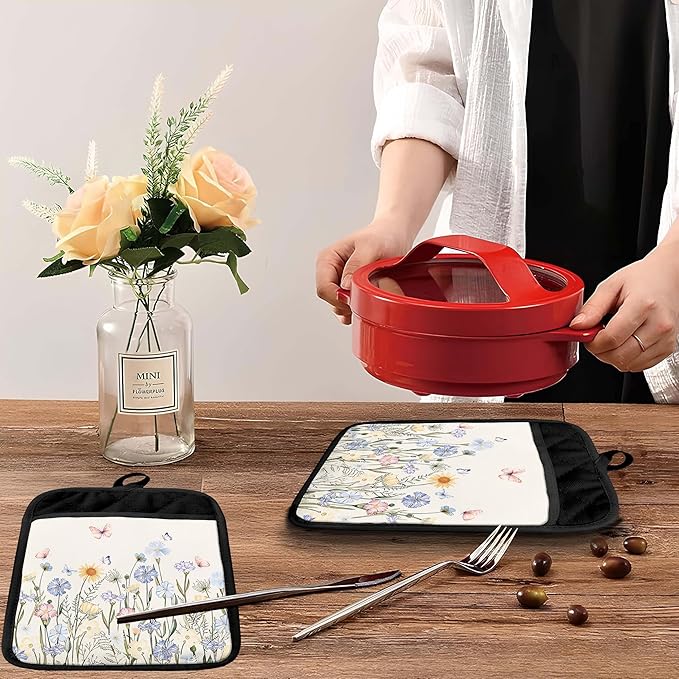 Butterfly Floral Pot Holders with Pockets, Cottagecore Wildflower Botanical Oven Pot Holders Heat Resistant Oven Mitts Hot Pads for Kitchen Baking Cooking
