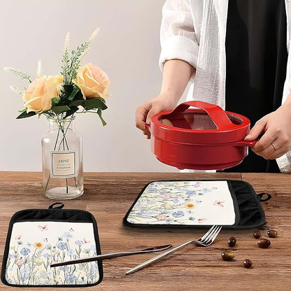 Butterfly Floral Pot Holders with Pockets, Cottagecore Wildflower Botanical Oven Pot Holders Heat Resistant Oven Mitts Hot Pads for Kitchen Baking Cooking