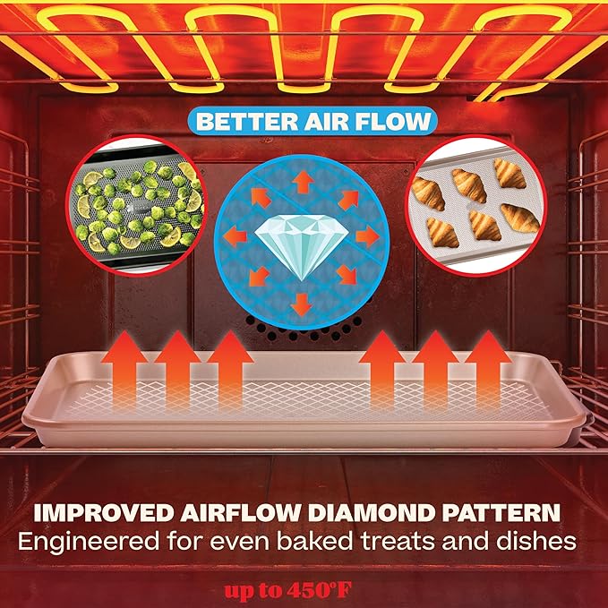 Baker's Secret Baking Sheet Pan Set, 3x Cookie Sheets for Oven, Diamond Texture Premium Air Flow, Set of 3 Baking Trays, Extra Thick 0.6mm with Diamond Base PFOA, PFOS, PTFE and PFAS free - Image 4