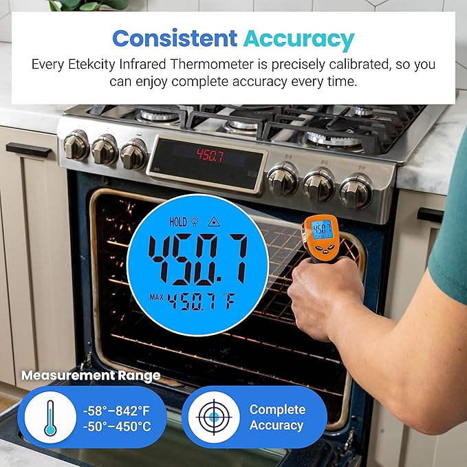 Etekcity Infrared Thermometer Laser Temperature Gun 774, Meat Food Candy Oven Thermometer for Griddle Accessories, Heat Gun for Cooking Refrigerator Tools, Adjustable Emissivity & Max Measure, Orange - Image 9