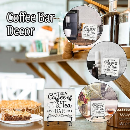 Coffee Bar Sign, Love is Brewing Farmhouse Tabletop Decor, Coffee and Tea Lover Gifts, 5x5 Wood Plaque with Iron Stand for Home Kitchen Cafe, Coffee Bar Decor – L07 - Image 3