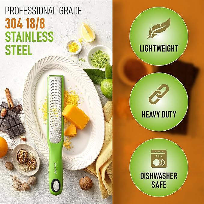 Spring Chef Premium Lemon Zester Grater with Handle - Orange, Garlic, Ginger, Nutmeg, Cheese Grater- Handheld Sharp Kitchen Tool - Stainless Steel Citrus Zester with Blade Cover - Fine Shred, Green - Image 3