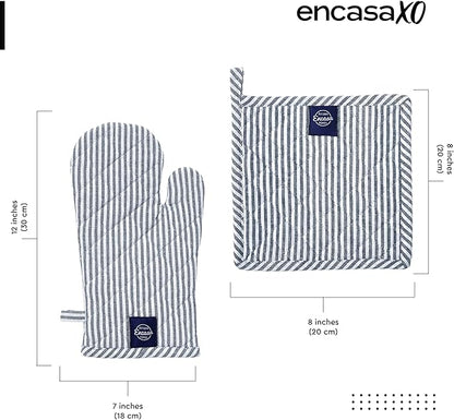 Encasa XO Heat Resistant 100% Cotton Oven Glove & Potholder Set with Loop, Kitchen Cooking Mittens, Microwave Safe Hot Pads (Ticking Navy Blue)