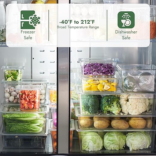CURTA 4-Pack Full Size 6" Deep NSF Polycarbonate Food Pans with Handled Lids & Drain Trays | Dishwasher & Freezer Safe Clear Container for Prep Tables, Buffet, Salad Bar, Commercial & Home Kitchen