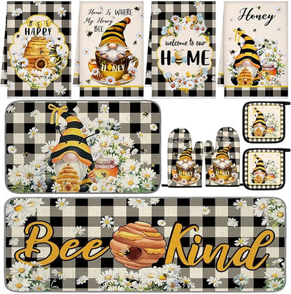 Fourluoo 10 Pcs Bee Kitchen Decor Set 4 Kitchen Towels 2 Pot Holders 2 Oven Mitts 2 Rugs Daisy Decorations for Cooking Baking Mom Housewarming Gifts by Fourluoo