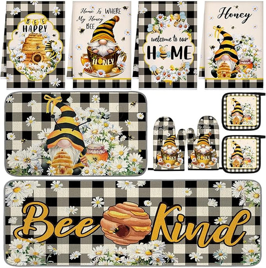 Fourluoo 10 Pcs Bee Kitchen Decor Set 4 Kitchen Towels 2 Pot Holders 2 Oven Mitts 2 Rugs Daisy Decorations for Cooking Baking Mom Housewarming Gifts by Fourluoo