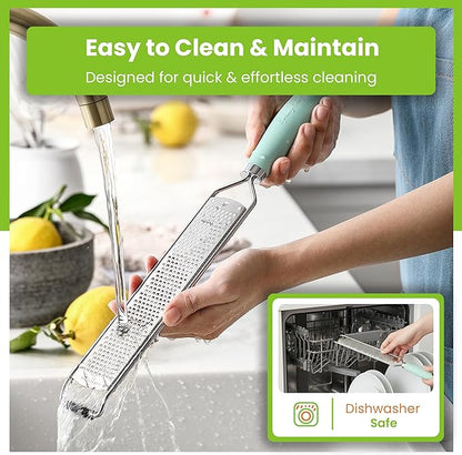 Spring Chef Stainless Steel Lemon Zester Grater with Handle - Garlic, Cheese, Parmesan, Nutmeg, Lime, Ginger Grater - Heavy Duty Kitchen Tool - Citrus Zester with Blade Cover - Fine Shred - Mint