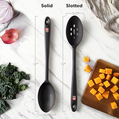 DI ORO Silicone Spoons for Cooking - Large Kitchen Spoons for Mixing, Serving, & Stirring - 600°F Heat-Resistant Non Stick Utensils – Big Solid & Slotted - Dishwasher Safe (2pc, Black) - Image 5