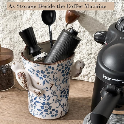 6.34"H Utensil Holder for Kitchen Counter, Modern Farmhouse Cooking Utensil Holder and Crock Home Kitchen Decor, Ceramic Utensil Organizer for Spatula, Ladle, Eggbeater, Rolling Pin- Blue and White - Image 8