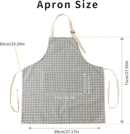 Tosewever 2 Pieces Kitchen Cooking Aprons, Waterproof Linen Adjustable Bib Aprons with 2 Pockets for Women Men Chef (Grey Stripes/Plaids, 2)