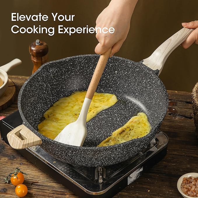 CAROTE 12.5 Inch Nonstick Deep Frying Pan with Lid, 6.5 Qt Jumbo Cooker Saute Pan with Pour Spout, Skillet Induction Cookware, Non Stick Cooking Pan PFOA Free, Classic Granite - Image 8