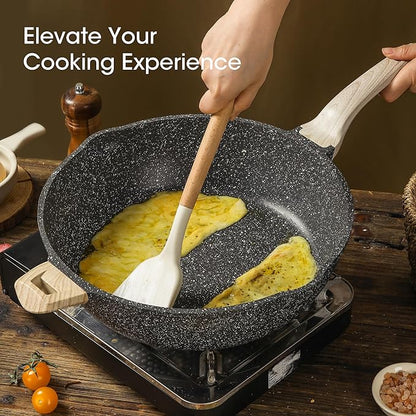 CAROTE 12.5 Inch Nonstick Deep Frying Pan with Lid, 6.5 Qt Jumbo Cooker Saute Pan with Pour Spout, Skillet Induction Cookware, Non Stick Cooking Pan PFOA Free, Classic Granite - Image 8