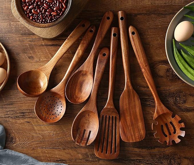 Wooden Kitchen Utensils set, 7Pcs Wooden Spoons for cooking Natural Teak Wood Kitchen Spatula Set for Cooking including Spoon Ladle Fork