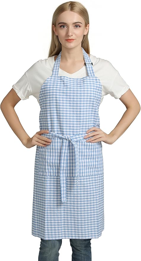 Vintage Gingham Kitchen Aprons Chef Bib Canvas Aprons Christmas Holiday Home Decorative 100% Pure Cotton Aprons in Large Size with Pockets Adjustable Neck Strap Long Ties Aprons(Blue)