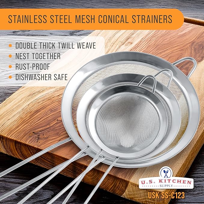 U.S. Kitchen Supply Set of 3 Stainless Steel Conical Strainers - 3", 4" & 5.5" Sizes - Chinois Style, Extra Fine Twill Mesh Sieve, Stainless Steel Strainers and Colanders for Kitchen - Image 2