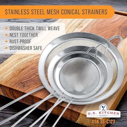 U.S. Kitchen Supply Set of 3 Stainless Steel Conical Strainers - 3", 4" & 5.5" Sizes - Chinois Style, Extra Fine Twill Mesh Sieve, Stainless Steel Strainers and Colanders for Kitchen - Image 2