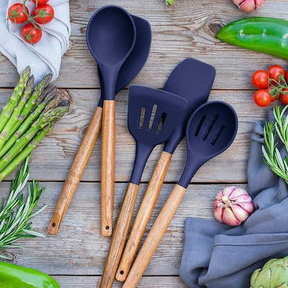 Non-Stick Silicone Kitchen Utensils Set with Natural Acacia Hard Wood Handle, 5 Piece, Midnight Blue, BPA Free, Baking & Serving Silicone Cooking Utensils - Image 8