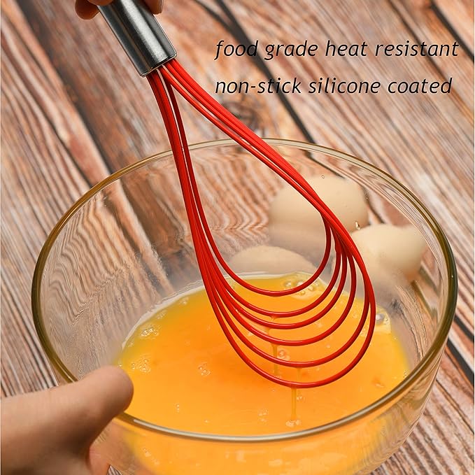 Flat Whisk Set,Stainless Steel 3 Pack 10''+11''+12'' Premium Sturdy-6 Silicone Heads Non Stick Wires Whisk for Blending Beating Stirring Kitchen Cooking Color Red by Jell-Cell - Image 3