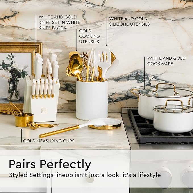 White Utensil Holder with Built-In Ceramic Spoon Rest - 2-Piece Luxe White and Gold Spatula Holder with Gold Spoon Rest for Countertop Organization - Stylish Kitchen Accessory, Utensils Not Included - Image 5