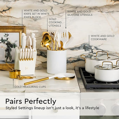 White Utensil Holder with Built-In Ceramic Spoon Rest - 2-Piece Luxe White and Gold Spatula Holder with Gold Spoon Rest for Countertop Organization - Stylish Kitchen Accessory, Utensils Not Included - Image 5