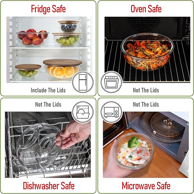 Set of 5 Nesting Glass Bowls with New Updated Acacia Lids for Foodprep, Storage, Mixing & Cooking - Microwave & Oven-ready BPA Free Durable Heat Resistant Inert Borosilicate Glass - Image 6