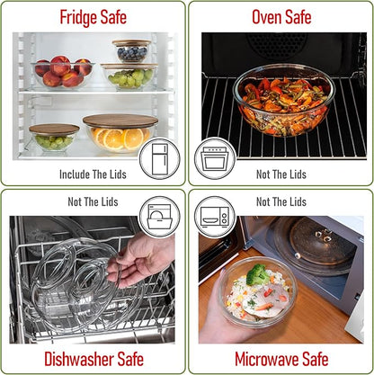 Set of 5 Nesting Glass Bowls with New Updated Acacia Lids for Foodprep, Storage, Mixing & Cooking - Microwave & Oven-ready BPA Free Durable Heat Resistant Inert Borosilicate Glass - Image 6