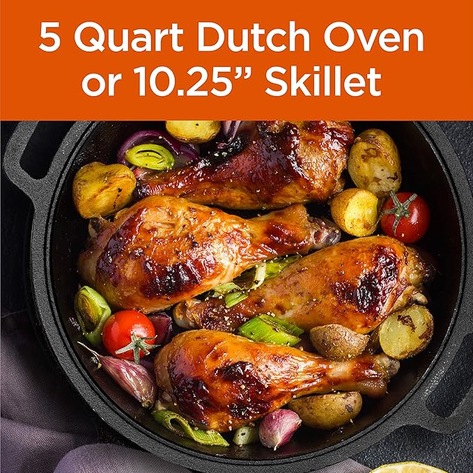 Commercial Chef 2-in-1 5-Qt. Dutch Oven with 10.25-Inch Skillet Lid, Pre-Seasoned Cast Iron, Works on All Cooktops Including Induction, Outdoor Cookware for Campfires or Grills, CHFL508 - Image 3