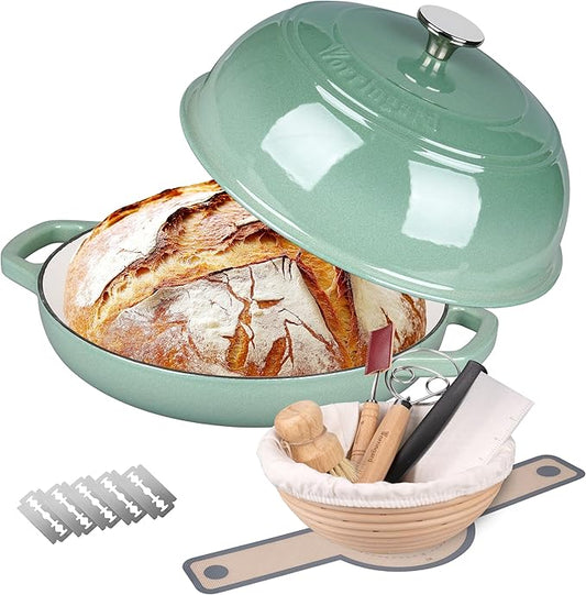 VORRINGARD Enameled Cast Iron Dutch Oven Pot with Lid, Bread Oven for Sourdough Bread Baking, Dutch Ovens with Bread Proofing Basket& Baking Supplies Set, 6 Quart, Sage Green