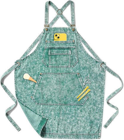 Denim Apron with Pockets for Hair Stylist Gardening Craftsmen Barista Women Hairdresser Jean Work Apron Cross Straps