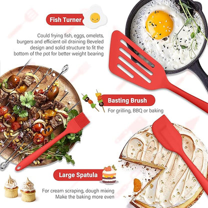 HaWare 11 PCS Silicone Cooking Utensils Set, Heat Resistant Kitchen Utensils with Holder, Food-grade Spatula Sets for Nonstick Cookware, Kitchen Tools Gadgets Include Fish Turner, Spoon (Red) - Image 6