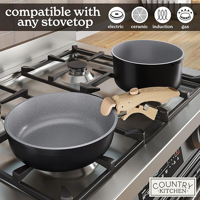 Country Kitchen Cookware Set with Removable Handle, Oven & RV Safe Pots and Pans Set, Black/Grey Wood Handle, Original - Image 6