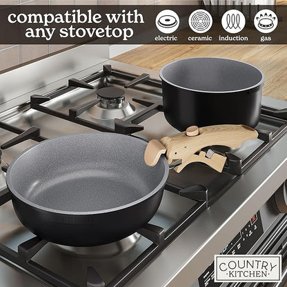 Country Kitchen Cookware Set with Removable Handle, Oven & RV Safe Pots and Pans Set, Black/Grey Wood Handle, Original - Image 6