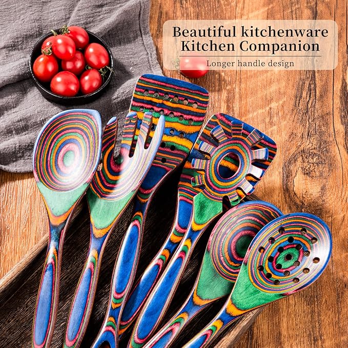 Gudamaye Pakkawood 7-Piece Wooden Cooking Utensils, Wooden Spoons for cooking, Pakkawood kitchen Utensils for Cooking, Non-Stick Spoon, Household Essentials, Heat-Resistant Spoons - Image 5